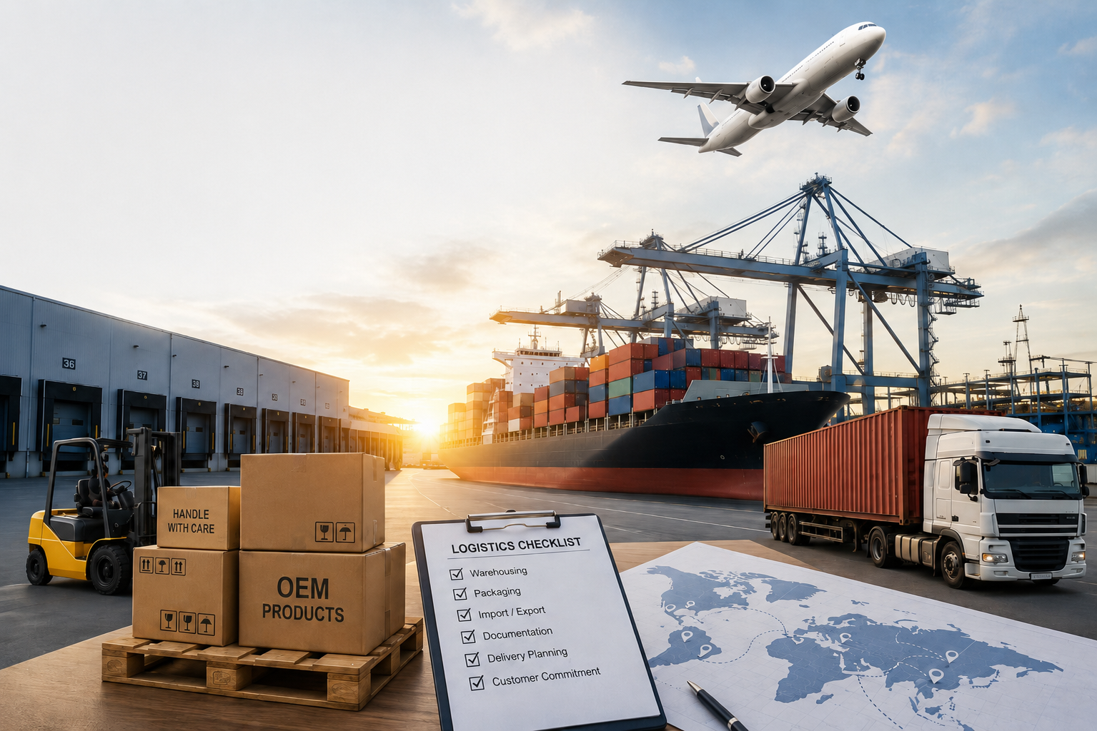Warehouse logistics and distribution support with shipping boxes and container delivery